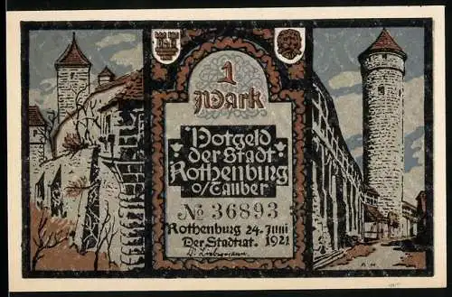 Notgeld Rothenburg o.T. 1921, 1 Mark, Stadtansicht und historische Motive