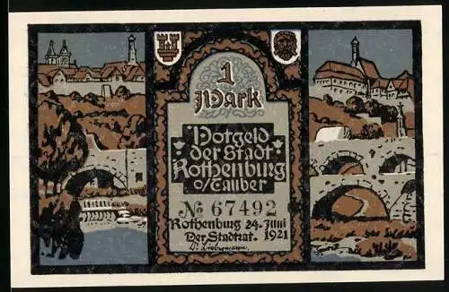 Notgeld Rothenburg ob der Tauber, 1921, 1 Mark, Stadtansichten und biblische Szene mit Text