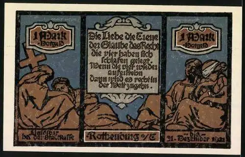 Notgeld Rothenburg ob der Tauber, 1921, 1 Mark, Stadtansichten und biblische Szene mit Text