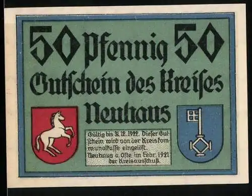 Notgeld Neuhaus, 1921, 50 Pfennig, Gutschein des Kreises Neuhaus, Wappen und Mühle