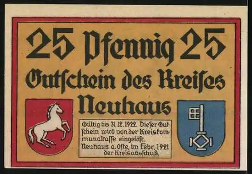 Notgeld Neuhaus, 1921, 25 Pfennig, Gültig bis 31.12.1922, Bauernhof und Wappen