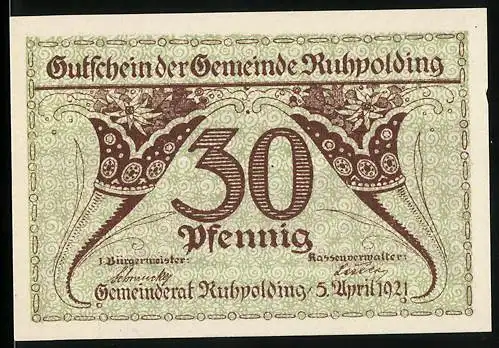 Notgeld Ruhpolding 1921, 30 Pfennig, Gutschein der Gemeinde Ruhpolding mit Landschaftsabbildung