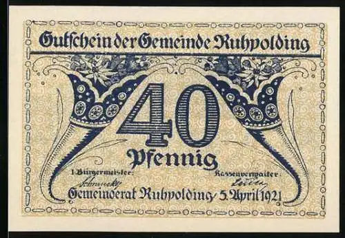 Notgeld Ruhpolding, 1921, 40 Pfennig, Gutschein der Gemeinde Ruhpolding, Berglandschaft und Gültigkeitsdatum