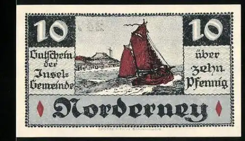 Notgeld Norderney, 1920, 10 Pfennig, Segelboot und Gebäude, Serie II Nr. 24776