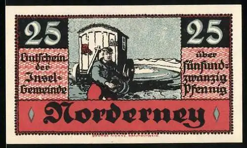 Notgeld Norderney, 1920, 25 Pfennig, Gutschein der Insel-Gemeinde mit Küstenmotiv und Unterschrift Berghaus