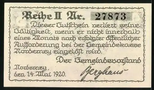 Notgeld Norderney, 1920, 25 Pfennig, Gutschein der Insel-Gemeinde mit Küstenmotiv und Unterschrift Berghaus