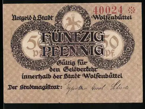 Notgeld Wolfenbüttel 1918, 50 Pfennig, Gültig für den Geldverkehr innerhalb der Stadt-Wolfenbüttel