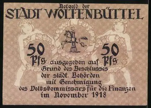 Notgeld Wolfenbüttel 1918, 50 Pfennig, Gültig für den Geldverkehr innerhalb der Stadt-Wolfenbüttel