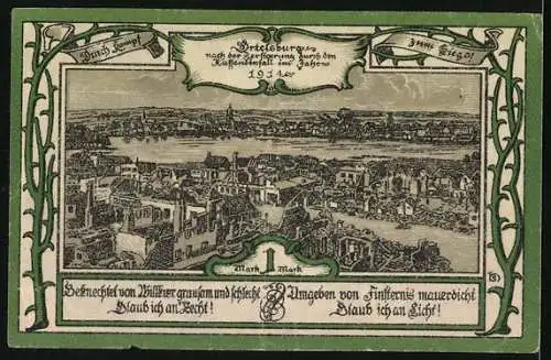 Notgeld Ortelsburg, 1921, 1 Mark, Volksabstimmung 11. Juli 1920, Stadtansicht und Sprüche