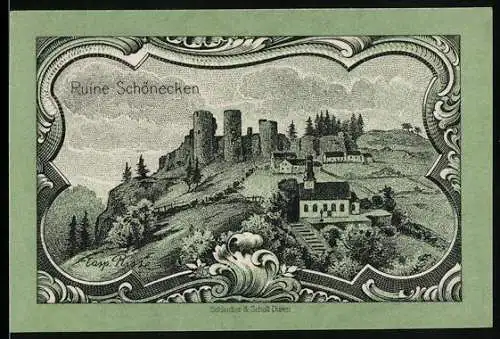 Notgeld Prüm, 1920, 25 Pfennig, Ruine Schönecken und Wappen des Kreises Prüm