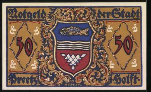 Notgeld Preetz, 1921, 50 Pfennig, Bär und Ritter Darstellung, Wappen der Stadt Preetz Holst