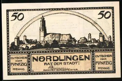 Notgeld Nördlingen 1920, 50 Pfennig, Stadtansicht mit Turm und Gedicht auf der Rückseite