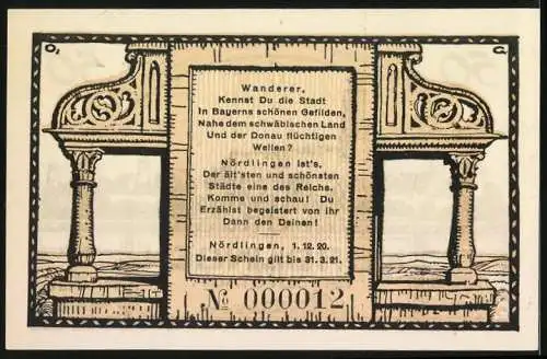 Notgeld Nördlingen 1920, 50 Pfennig, Stadtansicht mit Turm und Gedicht auf der Rückseite