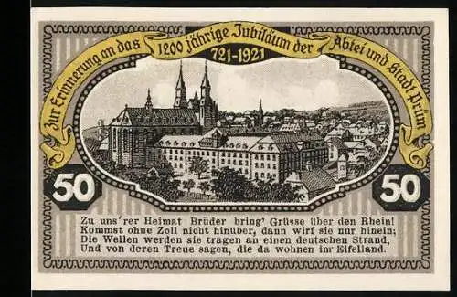 Notgeld Prüm 1921, 50 Pfennig, Jubiläum der Abtei und Stadt mit Abbildung der Abtei und Stadtansicht