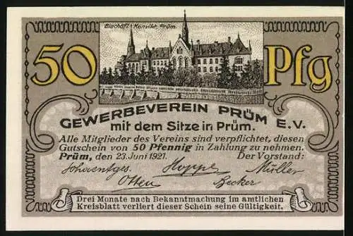 Notgeld Prüm 1921, 50 Pfennig, Jubiläum der Abtei und Stadt mit Abbildung der Abtei und Stadtansicht