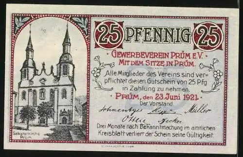 Notgeld Prüm 1921, 25 Pfennig, Luftkurort Prüm-Eifel und Salvator Kirche