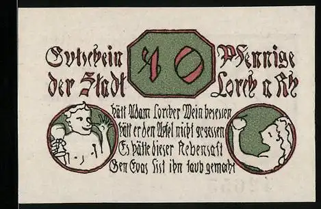 Notgeld Lorch am Rhein, 1920, 10 Pfennig, Gültigkeit vier Wochen nach Ausruf im Rheingauer Anzeiger, Wappen