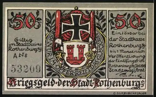 Notgeld Rothenburg, 50 Pfennig, Kriegsheld mit Lanze und Stadtwappen, gültig im Stadtbezirk, 53209