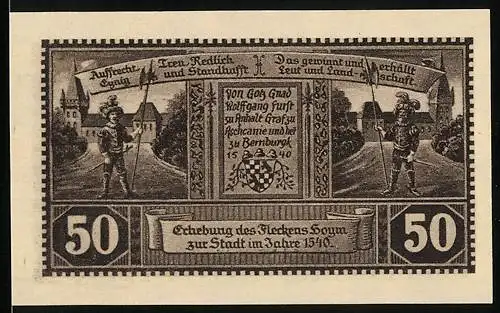 Notgeld Hoym 1921, 50 Pfennig, Erhebung des Fleckens Hoym zur Stadt im Jahre 1540, Stadtansicht von 1720