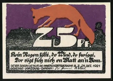 Notgeld Dargun, 1921, 25 Pfennig, Landschaft mit Text und roter Fuchs mit Text