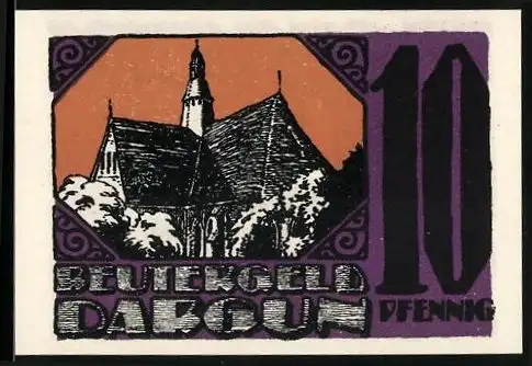 Notgeld Dargun, 10 Pfennig, Kirche und fliegende Vögel, gültig bis 31.12.1921