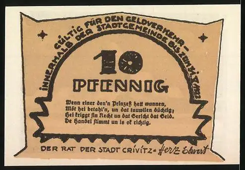 Notgeld Crivitz, 10 Pfennig, Stadtansicht mit Kirche und Winterlandschaft, Text über Geltung und Einschränkungen
