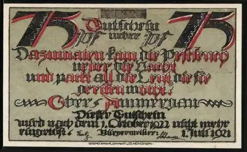 Notgeld Oberammergau, 1921, 75 Pfennig, Skelett auf Stadtansicht mit roten Akzenten und gotischer Schrift