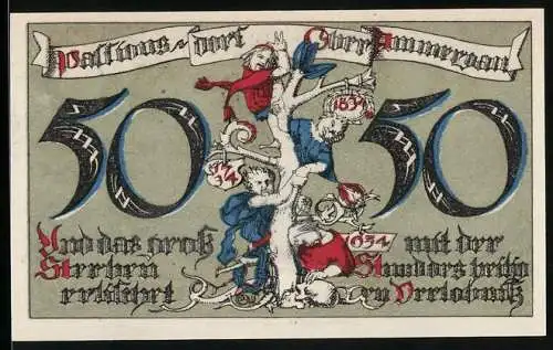 Notgeld Oberammergau, 1921, 50 Pfennig, Kunstvolle Darstellung mit Landschaftsszene und kämpfenden Figuren