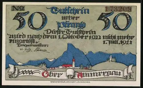 Notgeld Oberammergau, 1921, 50 Pfennig, Kunstvolle Darstellung mit Landschaftsszene und kämpfenden Figuren