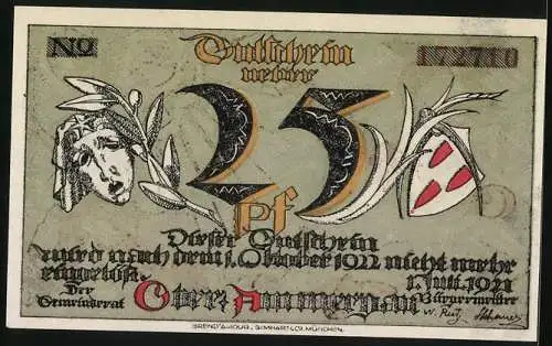 Notgeld Oberammergau 1921, 25 Pf, Stadtansicht und Statue, Rückseite Text und Wappen