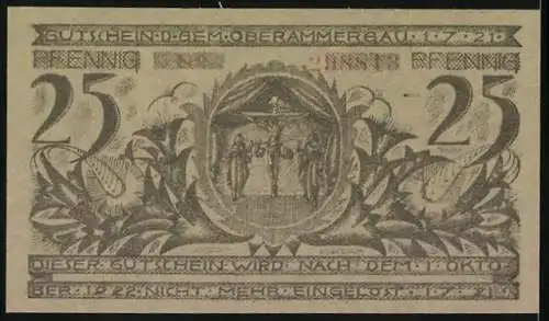 Notgeld Oberammergau 1921, 25 Pfennig, Stadtansicht und religiöse Szene