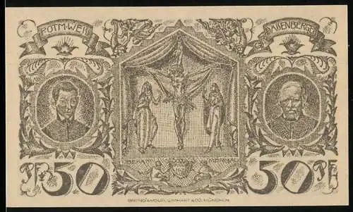 Notgeld Oberammergau 1921, 50 Pfennig, Darstellung mit Christus am Kreuz und Porträts, Rückseite mit Dorfansicht