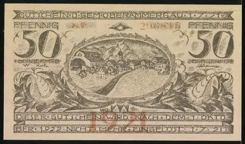 Notgeld Oberammergau 1921, 50 Pfennig, Darstellung mit Christus am Kreuz und Porträts, Rückseite mit Dorfansicht