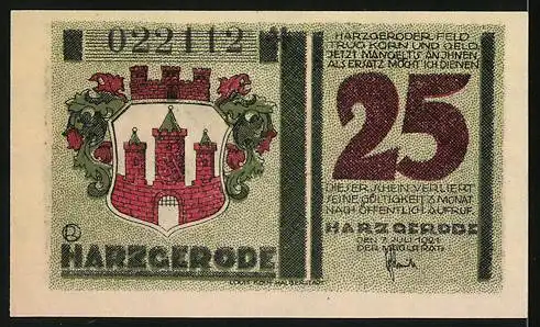 Notgeld Harzgerode, 1921, 25 Pfennig, Altes Haus und Stadtwappen