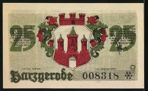 Notgeld Harzgerode, 1921, 25 Pfennig, Landschaft mit Pferden und Stadtwappen