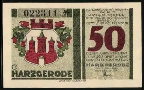 Notgeld Harzgerode, 1921, 50 Pfennig, Rathaus und Stadtwappen