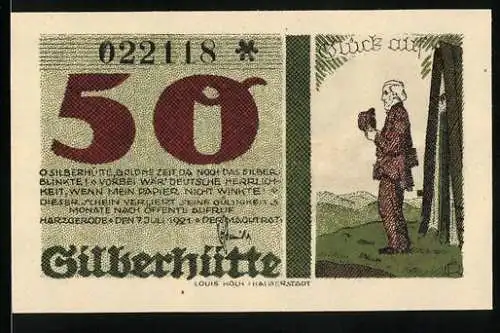 Notgeld Harzgerode 1921, 50 Pfennig, Silberhütte, Landschaft und pensionierter Bergmann