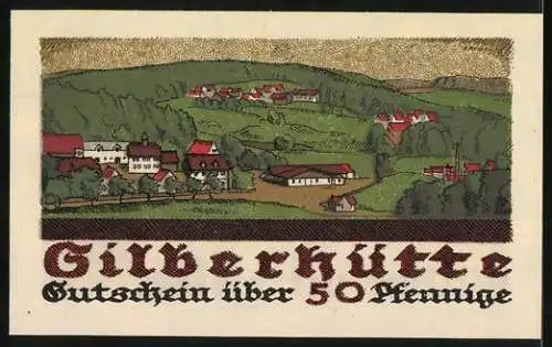 Notgeld Harzgerode 1921, 50 Pfennig, Silberhütte, Landschaft und pensionierter Bergmann