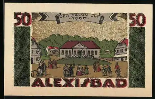 Notgeld Harzgerode 1921, 50 Pfennig, Alexisbad Salon um 1860 und Gebäude