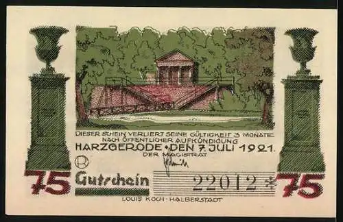 Notgeld Harzgerode 1921, 75 Pfennig, Alexisbad, Landschaftsansicht und historisches Gebäude, Gutschein Harzgerode