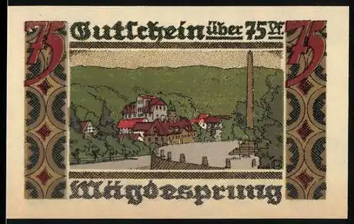 Notgeld Harzgerode 1921, 75 Pf, Mägdesprung mit Landschaft und Statue