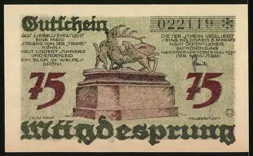 Notgeld Harzgerode 1921, 75 Pf, Mägdesprung mit Landschaft und Statue