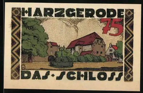 Notgeld Harzgerode, 75 Pfennig, Das Schloss mit Wappen und Beschreibung, 1921
