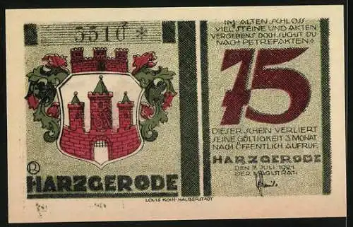 Notgeld Harzgerode, 75 Pfennig, Das Schloss mit Wappen und Beschreibung, 1921