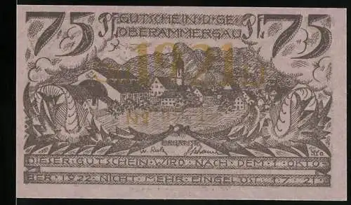 Notgeld Oberammergau 1921, 75 Pfennig, Berglandschaft und Passionsspiel-Szene