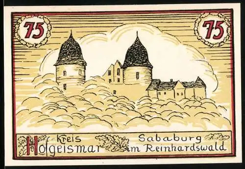 Notgeld Hofgeismar, 75 Pfennig, Sababurg im Reinhardswald und Gebäudeillustrationen auf beiden Seiten