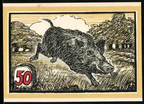 Notgeld Hofgeismar, 50 Pfennig, Wildschwein im Reinhardswald, Konto C Nr. 29336