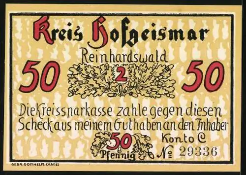 Notgeld Hofgeismar, 50 Pfennig, Wildschwein im Reinhardswald, Konto C Nr. 29336