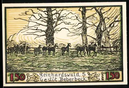 Notgeld Hofgeismar, 1,50 Mark, Reinhardswald, Gestüt Beberbeck mit Pferden und Pferdekopf