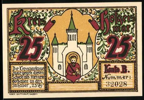 Notgeld Hofgeismar, 25 Pfennig, Abbildung von Kirche und Heiligen, Rückseite Helmershausen und Ruine Krockenburg